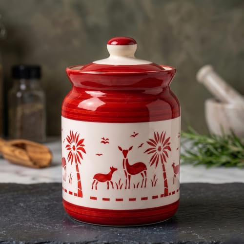 Image of D'Maiolica Ceramic Pickle Kitchen Jars in 1000ml | HandCrafted 1 kg Achaar Martban Barni | Ceramic Storage Containers | Jars for Achar, Spices, Salt (set of 2) (Safari Artisan Red)