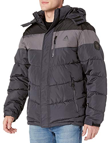 Reebok Men's Heavy Weight Hooded Bubble Jacket, Power Black/Medium Grey/Charcoal, X-Large