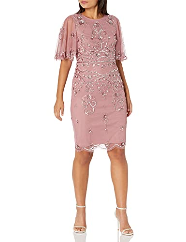 Adrianna Papell Women's Floral Beaded Cocktail Dress With Sheer Flutter Sleeves, Rose, 6 #TOP23