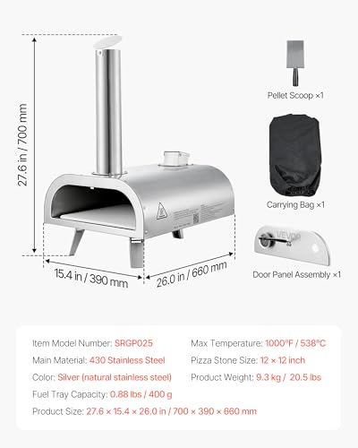Image of VEVOR Pizza Oven Outdoor, 12 inch Pellet Pizza Oven, Portable Pizza-Stove with Built-in Thermometer, Wood Fired Stainless Steel Pizza-Maker, for Backyard, Camping, Pizza-Stone, Shovel, Carry Bag, Silver