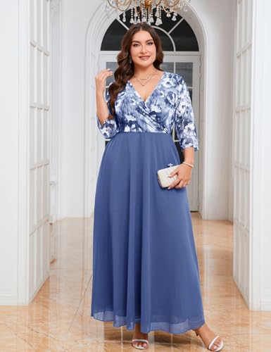 Image of ZOMVA Plus Size Maxi Formal Dress Lace Chiffon Floral V-Neck Wrap Wedding Guest Evening Gown Cocktail Prom 3 /4 Sleeves