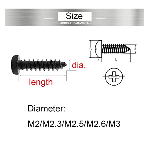 M2 M2.3 M2.5 M3 M4 Black Steel Phillips Pan Head Self Tapping Screws for Sheet Metal Automotive and DIY Projects (500,M2.3x7mm)