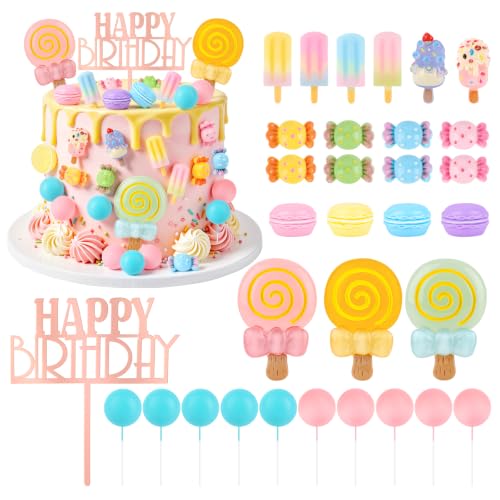 32 Pack Candy Cake Decorations Set with Lollipop Macaron Ice Cream, Candy Birthday Cake Toppers for Candy Theme Birthday Party Decoration Supplies