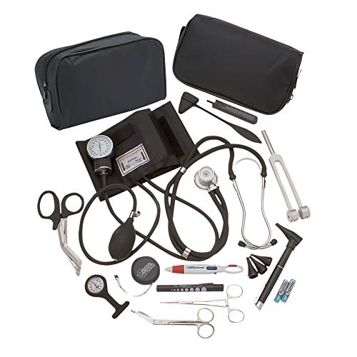 AsaTechmed Complete Diagnostic Blood Pressure, Stethoscope, Otoscope Kit w Tuning Fork, Neurological Reflex Hammer, EMT Shears || Nurse Starter Kit with Travel Pouch + Accessories (Stainless Silver)