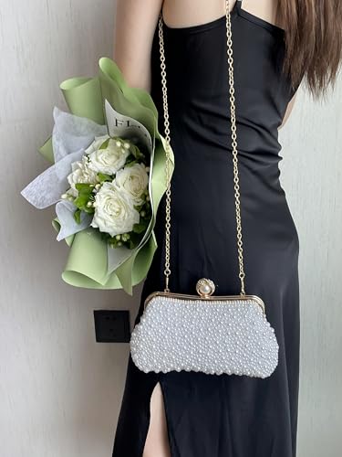 Image of Women Pearl Evening Bag Bride Beaded Clutch Purse Cream White for Wedding Party