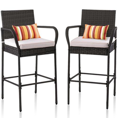 Image of Sundale Outdoor Wicker Bar Stool Set of 2, Patio Counter Height Pub Chair with Arms, High Top Rattan Barstool, Cushion Beige, All-Weather Outdoor Rattan Furniture (Gray&Beige, Small Seat - 2 Stools)