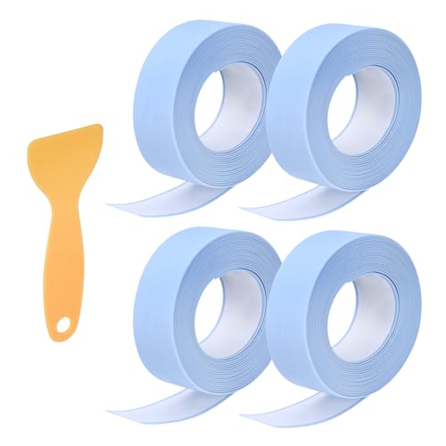Image of uxcell 4 Rolls Caulk Tape, Caulking Strip Tape, 0.9 inch x 10.5Ft PVC Waterproof Self-Adhesive Sealing Tape for Kitchen Bathroom Toilet Sink Floor Corner Edge with Sealing Tool, Blue