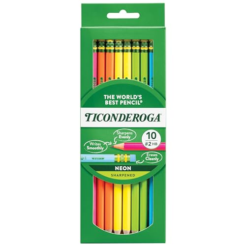 Ticonderoga Wood-Cased Pencils, Pre-Sharpened, #2 HB Soft, Neon Colors, 10 Count