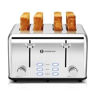 Aigostar Toaster 4 Slice 1.6″ Wide Slot Stainless Steel Toasters with Bagel, Reheat, Cancel, Defrost Function, 6 Shade Settings, Removable Crumb Tray, 1550W, Best Rated Prime 4 Slice Toasters