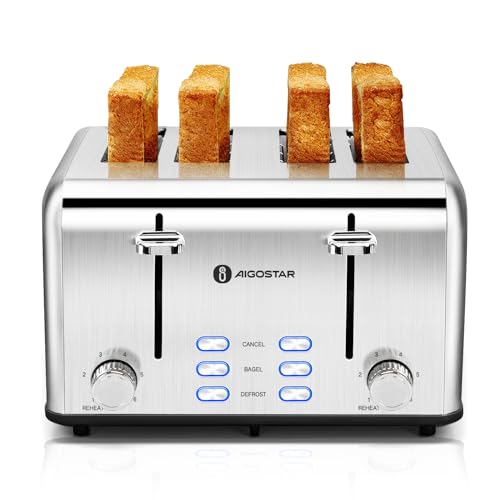 Aigostar Toaster 4 Slice 1.6" Wide Slot Stainless Steel Toasters with Bagel, Reheat, Cancel, Defrost Function, 6 Shade Settings, Removable Crumb Tray, 1550W, Best Rated Prime 4 Slice Toasters by Aigostar - Used condition - US$33.66