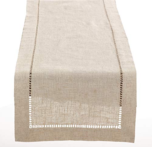 Fennco Styles Toscana Handmade Hemstitch Contemporary Linen Blend Table Runner for Dinner Table, Picnic Table, Parties, Wedding Decorations, Exhibitions, Natural, 16 x72 Inch