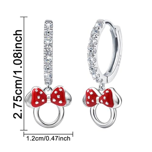 S925 Sterling Silver Shinny CZ Red Dropper Mouse Hoop Earrings Hollowed Out Mouse Bow Huggie Fashionable Cute Exquisite Small Animal Earrings For Women Wife Girlfriend Wedding Birthday2