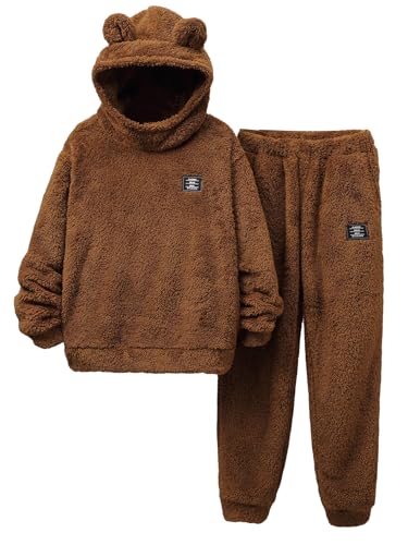 Image of BEAUDRM Boy's 2 Piece Outfits 3D Ears Design Long Sleeve Flannel Hoodie Sweatshirt and Elastic Waist Pants Set Brown 8Y