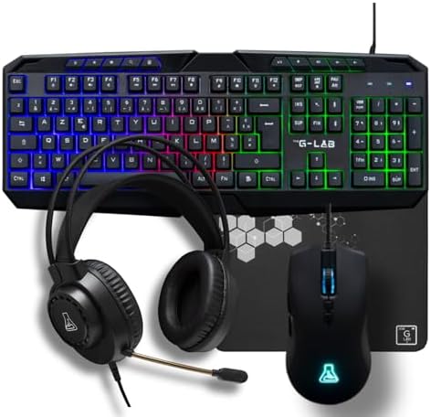 The G-Lab - Combo Natrium - Pack Clavier Souris Gamer 4 en 1 - Clavier Gamer AZERTY USB, RGB, 19 Touches Antighosting, Souris Gamer 6400 Dpi, Casque Gaming & Tapis de Souris - PC/PS4/PS5/XBOX