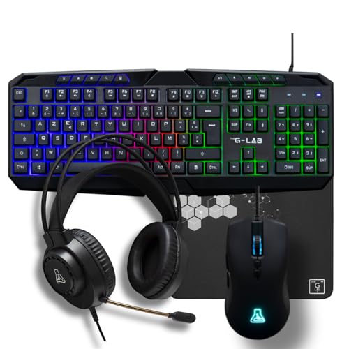The G-Lab - Combo Natrium – Gaming-Tastatur 4-in-1 – Gaming-Tastatur AZERTY USB, RGB, 19 Antihosting-Tasten, Gaming-Maus 6400 DPI, Gaming-Kopfhörer & Mauspad – PC/PS4/PS5/Xbox