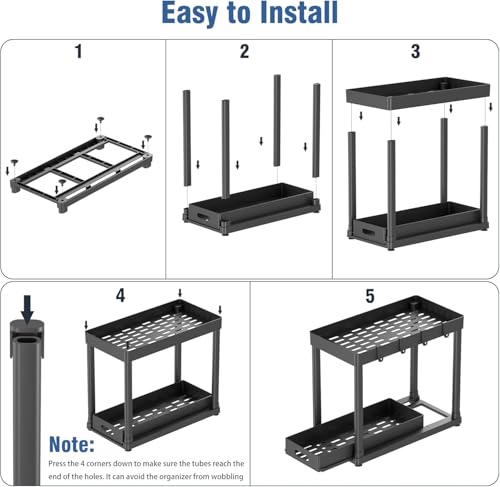 Image of LAXIS Under Sink Storage Organizer, 2 Tier Pull Out Cabinet Organizer with Sliding Drawer and Hooks, Adjustable Height Under Sink Organizer Rack for Storage Multipurpose, Black
