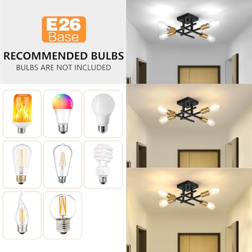 4-Lights Sputnik Chandelier Modern Semi Flush Mount Ceiling Light for Bedroom Lighting, Industrial Kitchen Light Fixture Ceiling Mount for Dining Room Hallway Living Room(Black with Gold) - Image 4