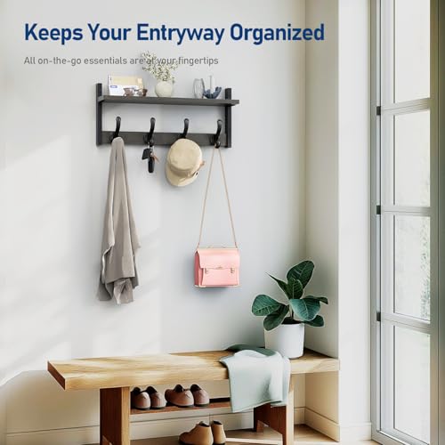 Image of Tatub 20 inch Rustic Coat Rack Wall Mount with Shelf, Wall Hooks with Shelf, Heavy Duty Entryway Organizer Hangers for Hanging, Hat, Bag, Jacket for Bathroom, Living Room, Bedroom, Ebony