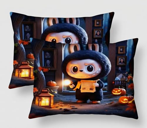Image of Home Sizzler 7D Soft Microfibre Halloween Double Bedsheet with 2 Pillow Covers - Spooky Cute Cartoon Monster with Pumpkins and Lantern