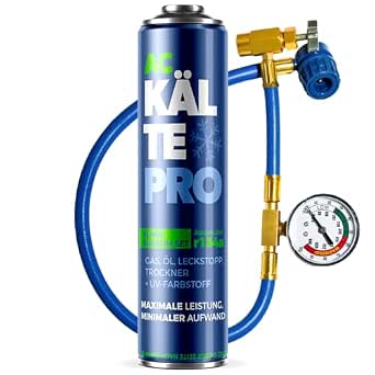 Kältemittelersatz R134a Nachfüllset - Rundum-Set zum Klimaanlage selbst befüllen Entspricht 755g R134a - Dichtmittel, Öl & UV-Farbstoff - Für PKW 1995–2016 1x Dose + Schlauch