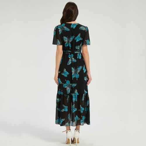 Image of Women's Summer Bohemian Floral Chiffon Dress Cap Sleeve V Neck Ruffle Long Flowy Boho Casual Vacation Dresses