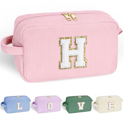 YOOLIFE Small Makeup Bag - Personalized Gifts Monogram Makeup Pouch Pink Corduroy Cute Makeup Bag Cosmetic Bag Make Up Bag Birthday Gifts for Teen Girls Women Her Wife Girlfriend Gifts Pink Letter H