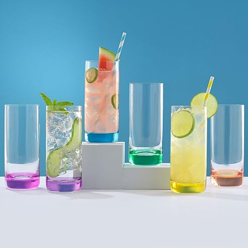 image for JoyJolt Hue Highball Glasses Set of 6 Tall Drinking Glasses, 13oz Bour
