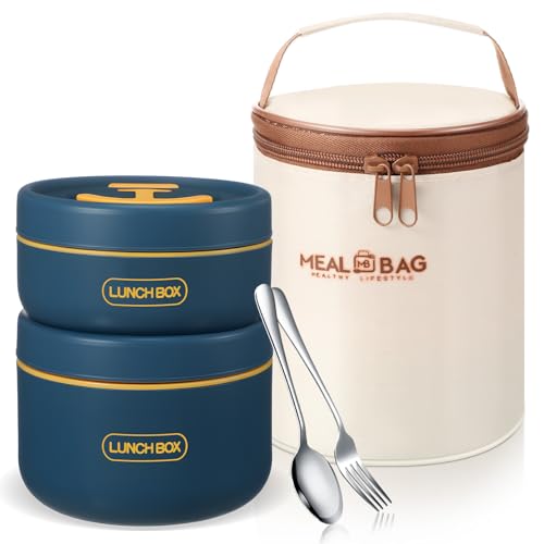 Dandat 2 Pcs Portable Insulated Lunch Containers Thermal Bento Box with Bag Fork Knife Microwavable Stainless Steel Lunch Box 15.2 oz 21 oz Separate Stackable Food Jar for Adult Men Women(Navy Blue)