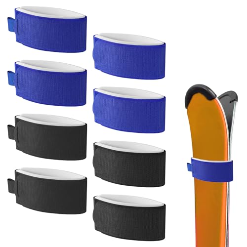 8pcs Ski Strap Fasteners Adjustable Wrap Straps Ski Bands for Storage Snow Ski Pole Fastener Tape Ski Storage Tie with Protective Pad Ski Accessories for Carrying Winter Sports Gifts (Blue & Black)