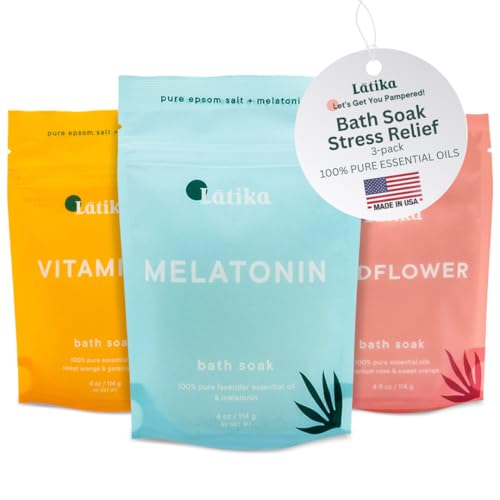 Latika Soaks Set of 3 – Wildflower, Melatonin, Vitamin C – Moisturizing Bath Soak with Epsom Salt & Essential Oils for Stress Relief, Muscle Recovery, & Relaxation – at-Home Spa