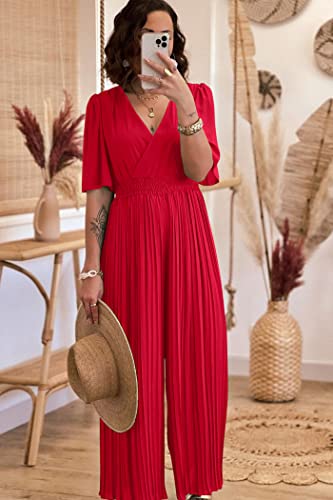 Prettygarden Women's Jumpsuits Casual Wrap V Neck Ruffle Sleeve Wide Leg Flowy Romper One Piece Summer Outfits (Red,Large) #TOP2