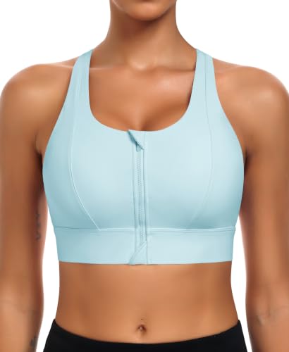 Image of JoyGirl Zip Front Sports Bra High Impact Racerback Bra (Light Blue,M)