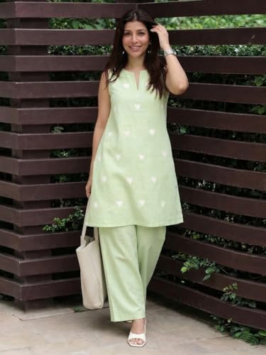 Image of ANNI Designer Kurta Set for Women Cotton Blend Embroidered | Kurti Set for Woman | Farshi Salwar Suit Kurta Palazzo Outfit | Round Neck V Slit Sleeveless Regular Fit Ethnic Dress Stylish Clothing