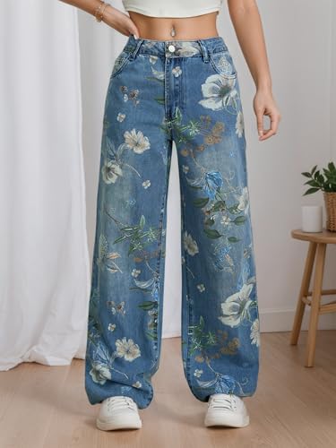 Wide Leg Jeans for Women Vintage Floral Printed Summer Casual Baggy Loose Denim Pants with Pockets2