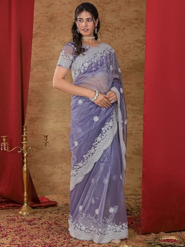 Image of Satrani Women's Net Embroidery Saree with Unstitched Blouse Piece