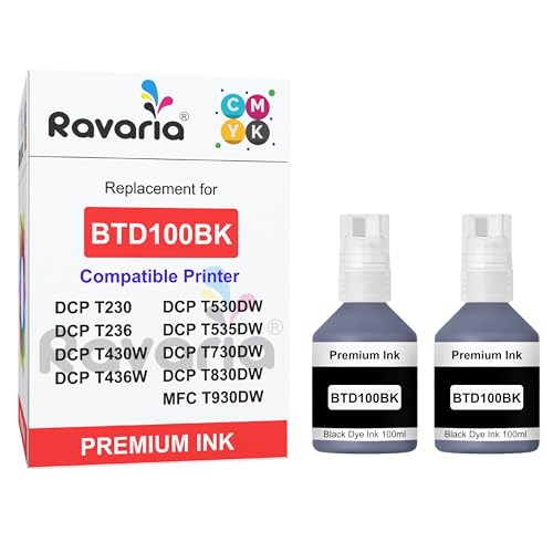Image of BTD100BK Compatible Ink for Brother Printer DCP-T236 DCP-T230 DCP-T436W DCP-T430W DCP-T535DW DCP-T530DW DCP-T730DW DCP-T830DW MFC-T930DW (BTD100BK Black Ink 2 Pcs)