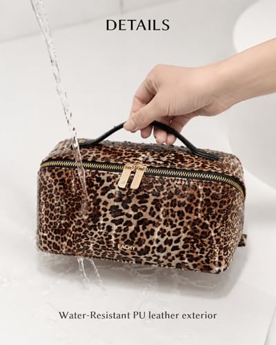 Image of EACHY Travel Makeup Bag, Large Capacity Cosmetic Bag for Women, Waterproof PU Leather, Flat Open Portable Toiletry Bag for Skincare, Brushes & Travel Essentials
