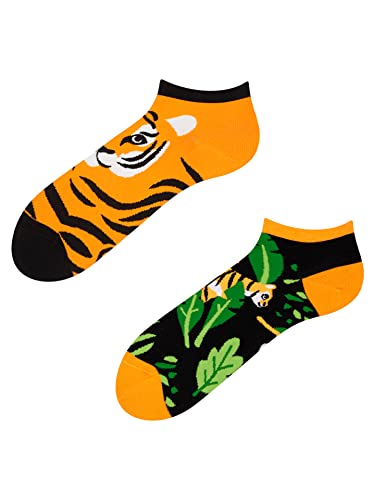 Dedoles Sneaker Socken Low Cut Füßlinge Unisex Damen Herren Baumwolle lustiges Design Geschenk links rechts verschieden Farbe Orange Motiv Dschungeltiger Gr. 39-42