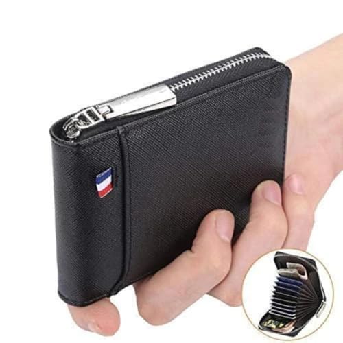 Image of Compact RFID Protected Card Wallet with Expandable Slots Zipper Closure and Currency Pocket (Black)