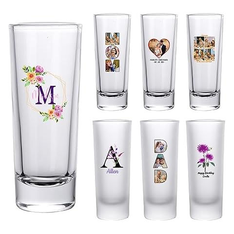 Personalized Shot Glasses Custom Tall Shot Glasses for Tequila, Whiskey, Vodka, Liquor, 2 oz. Clear/Frosted Cordial Shooter Shot Glasses Gifts, Weddings, Birthdays, Party Cover