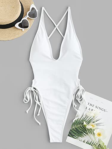 Image of ZAFUL Women Plunging One Piece Swimsuit Backless Cross Tie High Cut Thong One-Piece Bathing Suit