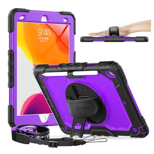 Timecity Case for iPad 8th/ 7th Generation, iPad 10.2 Case with Built-in Screen Protector Pencil Holder, Heavy Duty Protective Cover with Rotatable Stand Adjustable Hand/Shoulder Strap, Purple