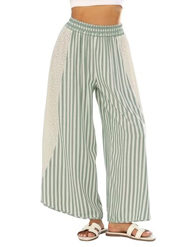 Athlisan Womens Summer Casual Loose Striped Wide Leg Lounge Pants Elastic Waist Palazzo Trousers(Green-L)