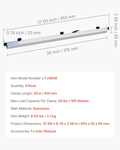 Image of VEVOR Blueprint Clamps, 36 Inches, Blueprint Hanging Clips Binding Strips, Aluminum Construction, Large Document Storage, for Blue Print, Maps, Construction Paper Poster Plans Drawings Arts, Pack of 6