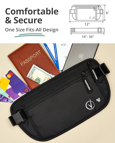 Vantamo Bauchtasche Damen Ultraflach mit RFID-Schutz, Geldgürtel für Reisen mit 2 Fächer und Verstellbarem Gurt, Hüfttasche Herren für Laufen und Wandern Passt für Reisepass, Bargeld und Telefon