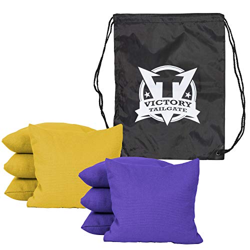Victory Tailgate 8 Colored Corn Filled Regulation Cornhole Bags with Drawstring Pack (4 Purple, 4 Yellow)