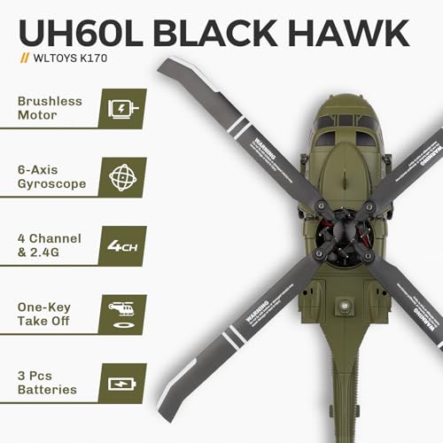 Image of CKYSCHN UH60L Black Hawk RC Helicopter Brushless - 4CH K170 Remote Control Helicopter with 6-Axis Gyro, 2.4G RC Aircraft for Adults Outdoor & 3 Batteries