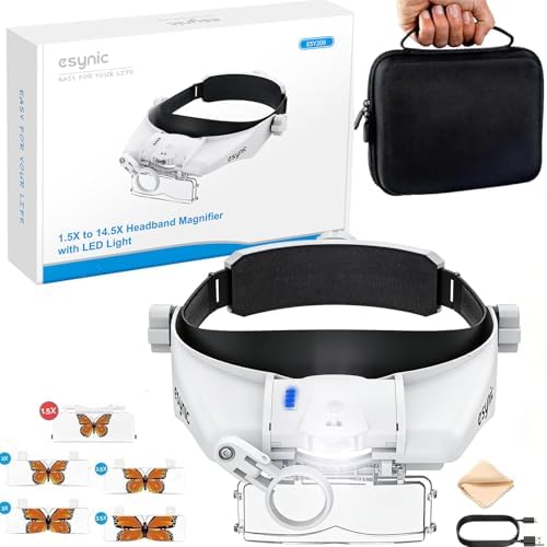 eSynic Comfort-Fit Head Magnifier with LED Light 1.5X-13X Magnification Ergonomic Headband MagnifyingGlasses with 5 Interchangeable Lenses + Storage Case for Reading/Jewelry/Crafts