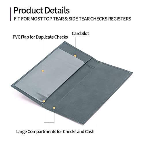 Leather Checkbook Cover for Top & Side Tear Registers Duplicate Checks with Plastic Insert Flap Pen Holder Slim Wallet Card Holder for Men Women