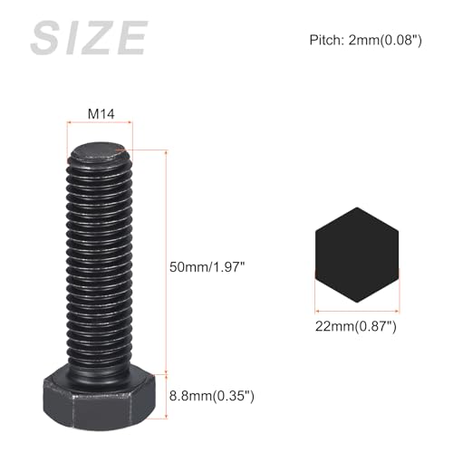 Image of METALLIXITY Hex Bolts (M14-2x50mm) 3Pcs, 8.8 Grade Carbon Steel Fully Threaded Black Oxide, Coarse Thread UNC Hex Head Screw Bolt - for Furniture Repair
